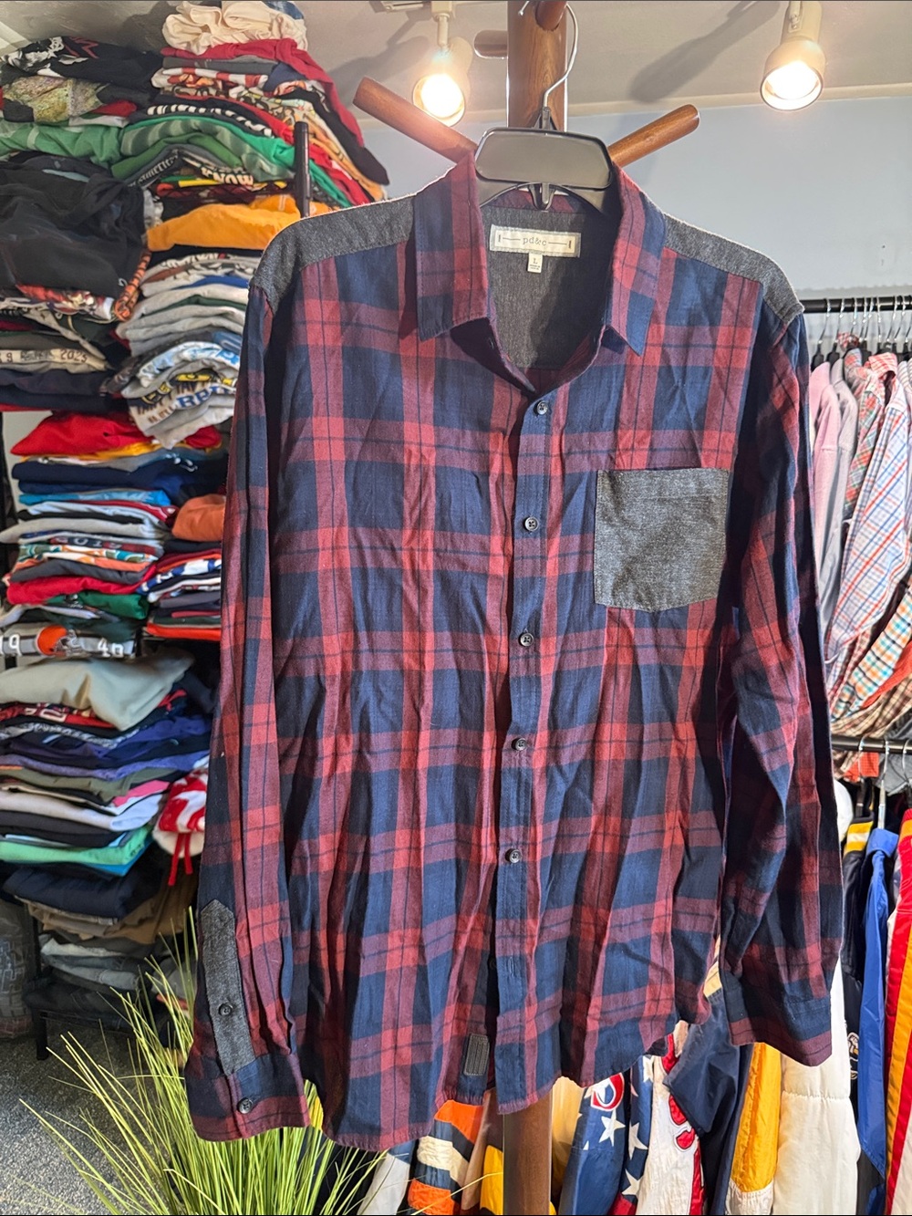 Men's Plaid Button-Up Shirt in Navy and Red